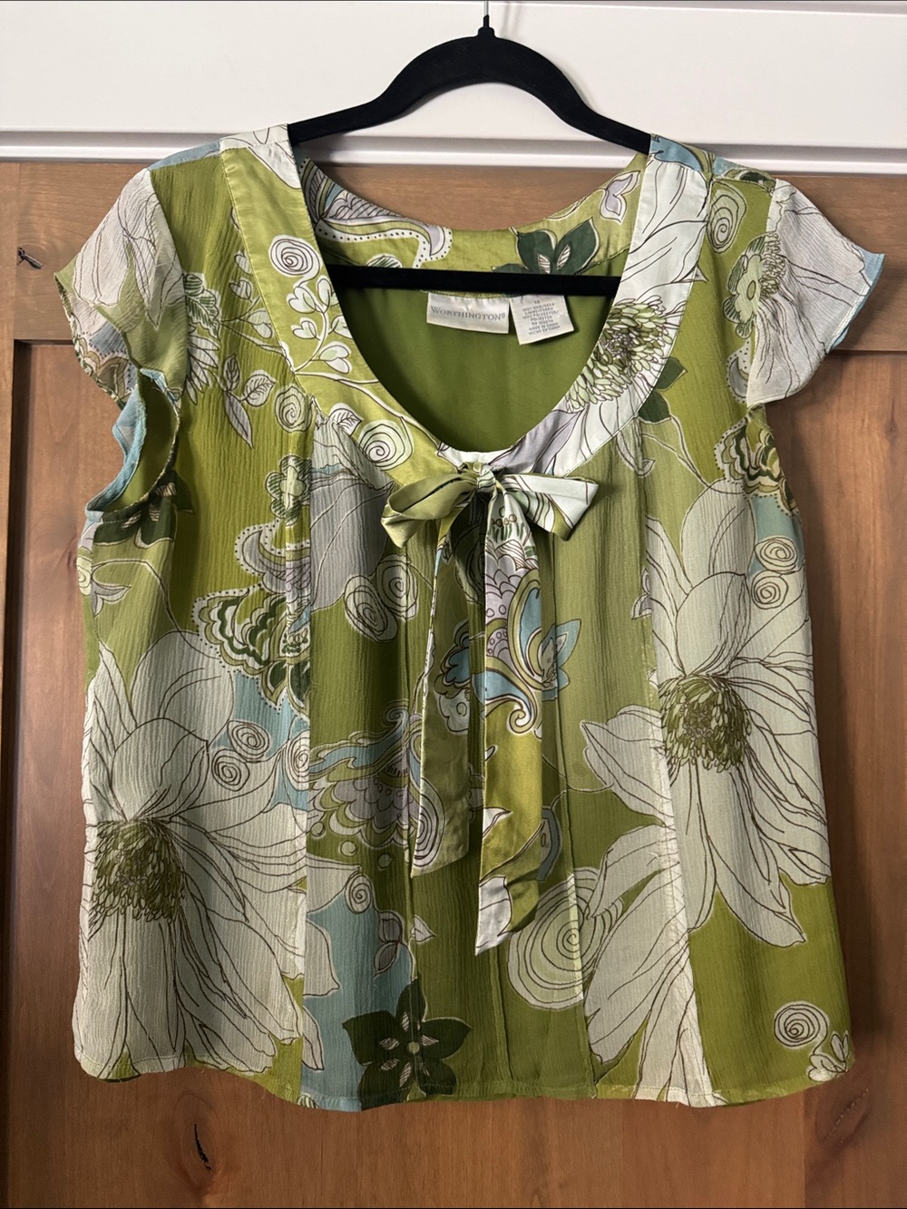 Worthington Silk Blouse Womens 14 flutter cap sleeve lined tie front office work